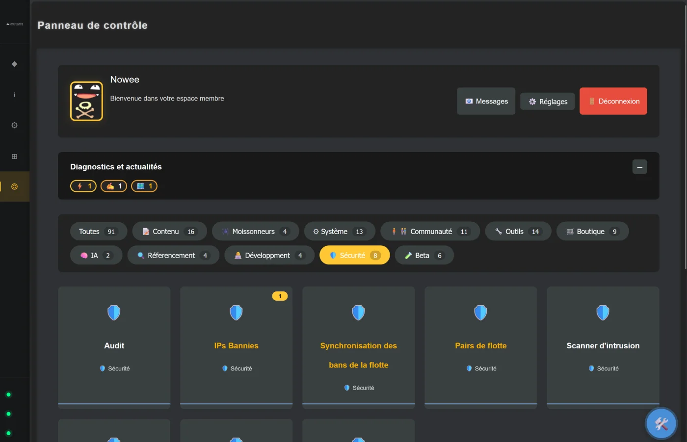 Panneau de contrôle BeamReactor : pastilles de diagnostic, catégories et tuiles de plugins